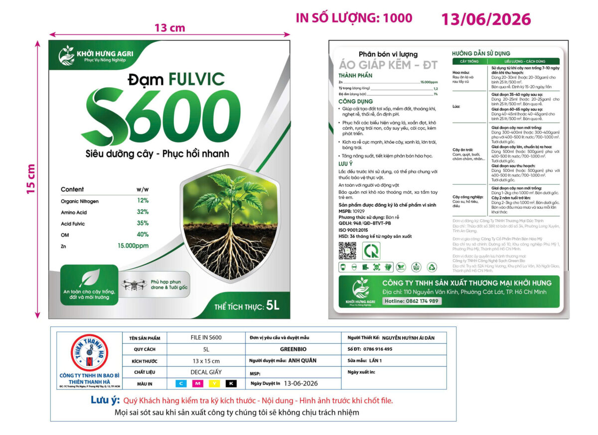 ĐẠM FULVIC S600 Siêu dưỡng cây - Phục hồi nhanh - Ảnh 2